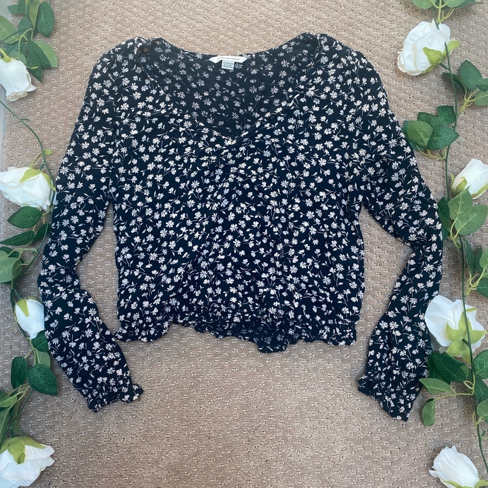 American Eagle Navy Blouse with Floral Pattern / Size XS